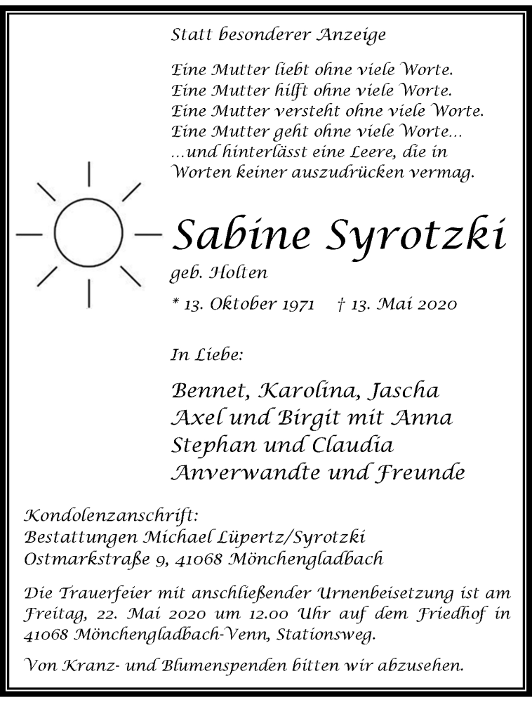  Traueranzeige für Sabine Syrotzki vom 17.05.2020 aus trauer.extra-tipp-moenchengladbach.de