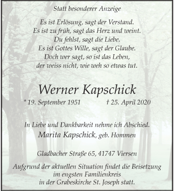 Traueranzeige von Werner Kapschick von trauer.extra-tipp-moenchengladbach.de