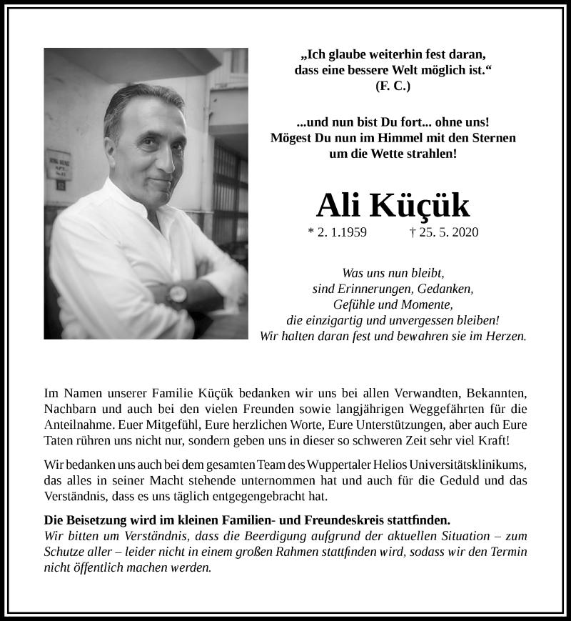  Traueranzeige für Ali Küçük vom 06.06.2020 aus trauer.wuppertaler-rundschau.de