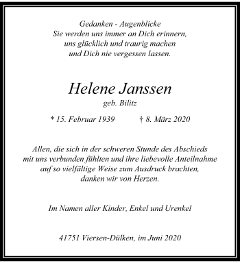 Traueranzeige von Helene Janssen von trauer.extra-tipp-moenchengladbach.de
