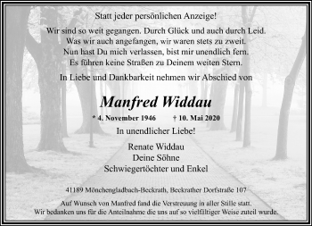 Traueranzeige von Manfred Widdau von trauer.extra-tipp-moenchengladbach.de