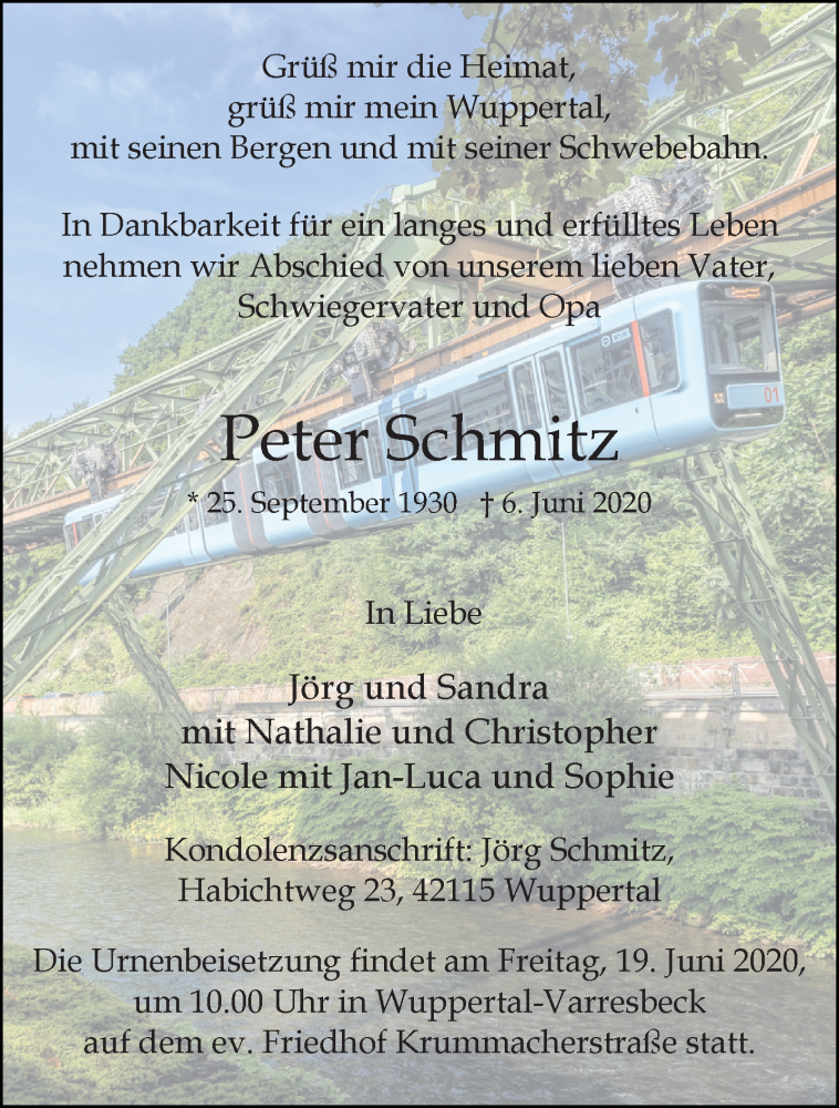  Traueranzeige für Peter Schmitz vom 13.06.2020 aus trauer.wuppertaler-rundschau.de