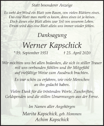 Traueranzeige von Werner Kapschick von trauer.extra-tipp-moenchengladbach.de