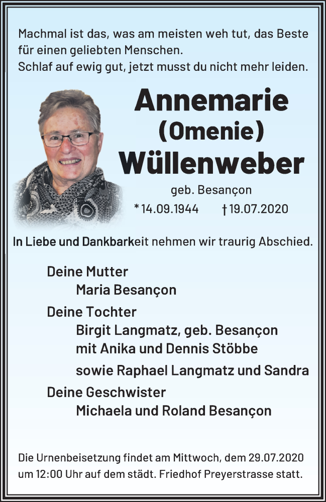  Traueranzeige für Annemarie Wüllenweber vom 26.07.2020 aus trauer.extra-tipp-moenchengladbach.de