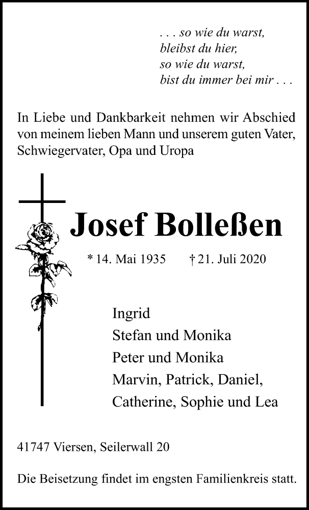  Traueranzeige für Josef Bolleßen vom 26.07.2020 aus trauer.extra-tipp-moenchengladbach.de
