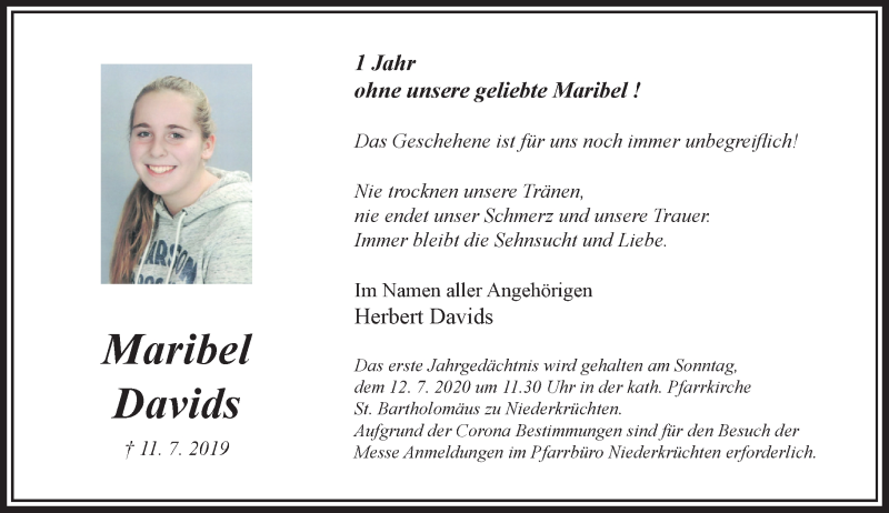  Traueranzeige für Maribel Davids vom 05.07.2020 aus trauer.extra-tipp-moenchengladbach.de