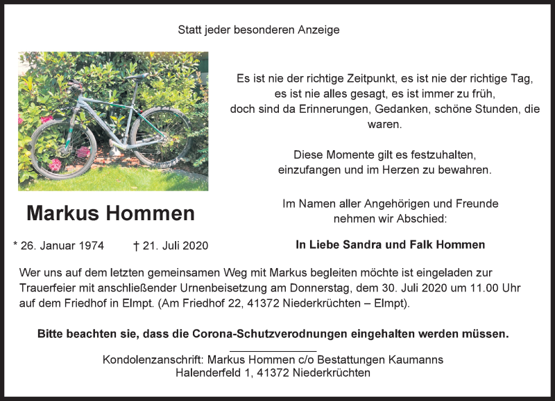  Traueranzeige für Markus Hommen vom 26.07.2020 aus trauer.extra-tipp-moenchengladbach.de