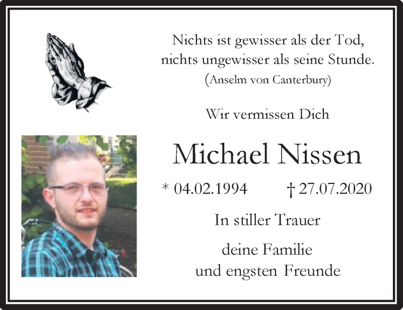  Traueranzeige für Michael Nissen vom 02.08.2020 aus trauer.extra-tipp-moenchengladbach.de
