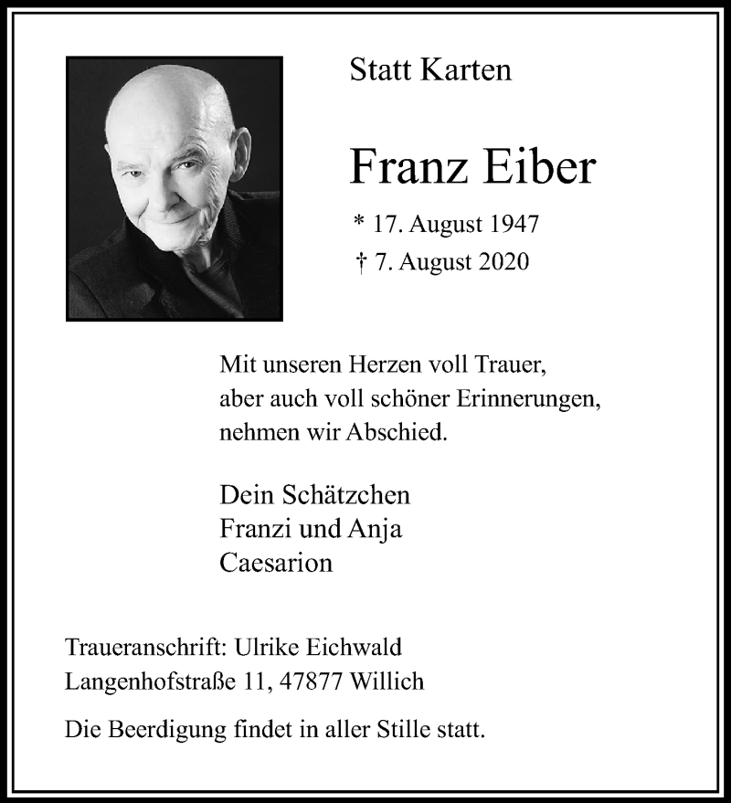  Traueranzeige für Franz Eiber vom 16.08.2020 aus trauer.extra-tipp-moenchengladbach.de