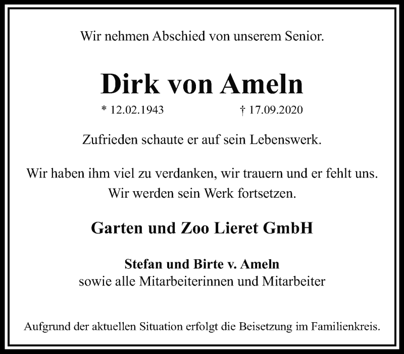  Traueranzeige für Dirk von Ameln vom 27.09.2020 aus trauer.extra-tipp-moenchengladbach.de