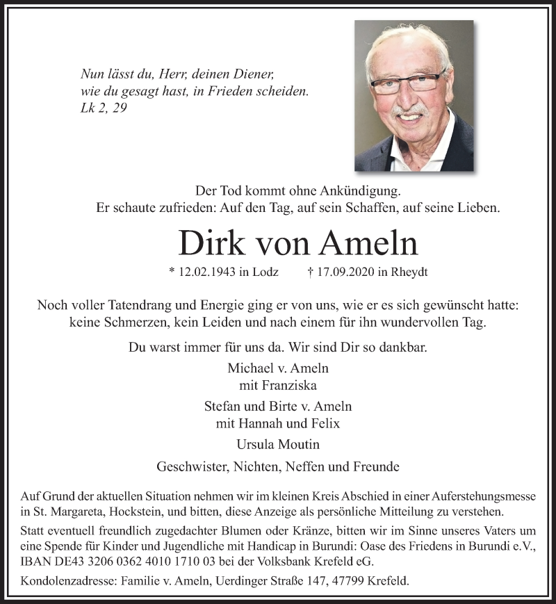  Traueranzeige für Dirk von Ameln vom 27.09.2020 aus trauer.extra-tipp-moenchengladbach.de