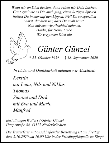 Traueranzeige von Günter Günzel von trauer.extra-tipp-moenchengladbach.de