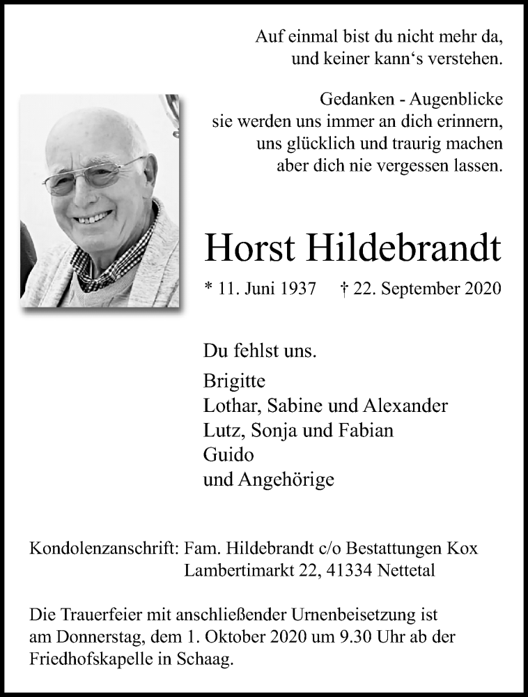  Traueranzeige für Horst Hildebrandt vom 27.09.2020 aus trauer.extra-tipp-moenchengladbach.de