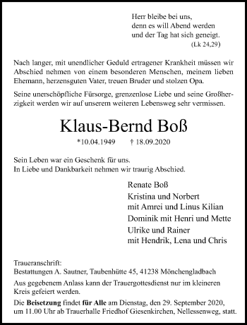 Traueranzeige von Klaus-Bernd Boß von trauer.extra-tipp-moenchengladbach.de