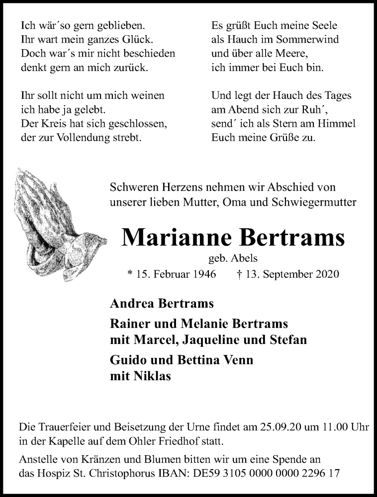 Traueranzeige für Marianne Bertrams vom 20.09.2020 aus trauer.extra-tipp-moenchengladbach.de
