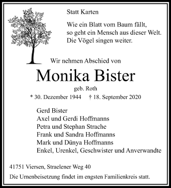 Traueranzeige von Monika Bister von trauer.extra-tipp-moenchengladbach.de