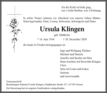 Traueranzeige von Ursula Klingen von trauer.extra-tipp-moenchengladbach.de