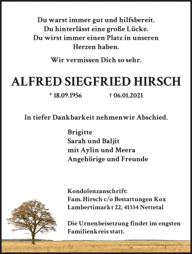  Traueranzeige für Alfred Siegfried Hirsch vom 17.01.2021 aus trauer.extra-tipp-moenchengladbach.de