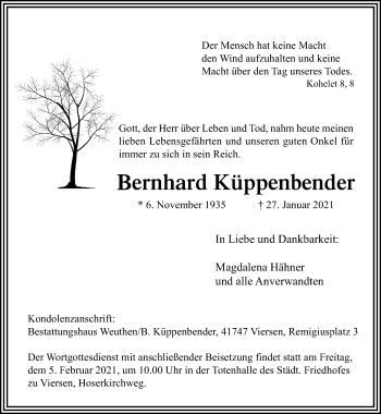 Traueranzeige von Bernhard Küppenbender von trauer.extra-tipp-moenchengladbach.de