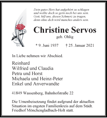 Traueranzeige von Christine Servos von trauer.extra-tipp-moenchengladbach.de