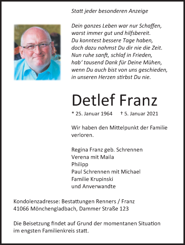  Traueranzeige für Detlef Franz vom 10.01.2021 aus trauer.extra-tipp-moenchengladbach.de