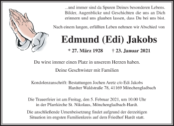 Traueranzeige von Edmund Jakobs von trauer.extra-tipp-moenchengladbach.de