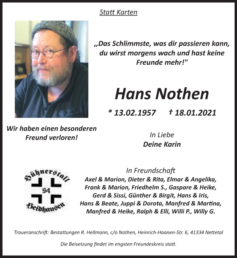  Traueranzeige für Hans Nothen vom 24.01.2021 aus trauer.extra-tipp-moenchengladbach.de