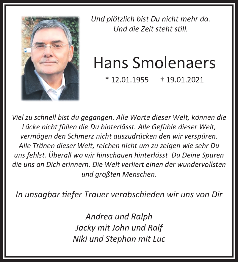  Traueranzeige für Hans Smolenaers vom 24.01.2021 aus trauer.extra-tipp-moenchengladbach.de