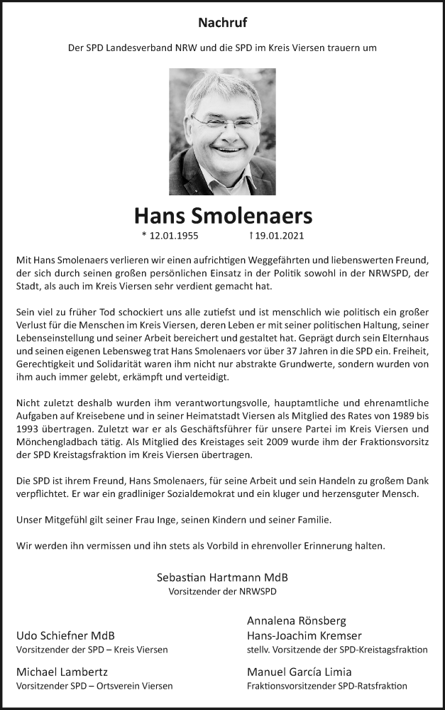  Traueranzeige für Hans Smolenaers vom 31.01.2021 aus trauer.extra-tipp-moenchengladbach.de