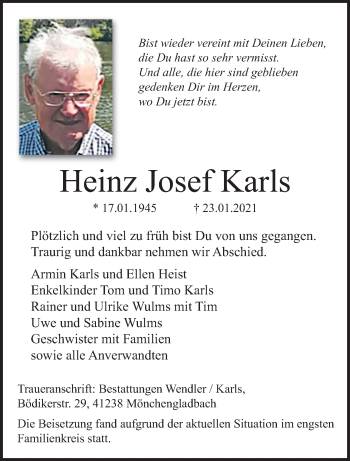 Traueranzeige von Heinz Josef Karls von trauer.extra-tipp-moenchengladbach.de