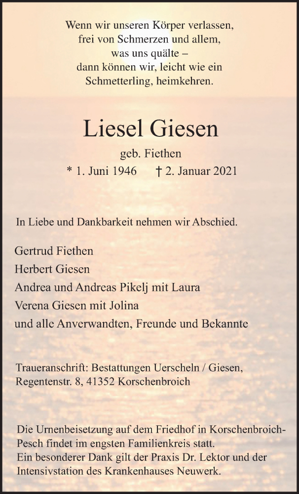  Traueranzeige für Liesel Giesen vom 17.01.2021 aus trauer.extra-tipp-moenchengladbach.de