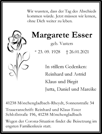 Traueranzeige von Margarete Esser von trauer.extra-tipp-moenchengladbach.de
