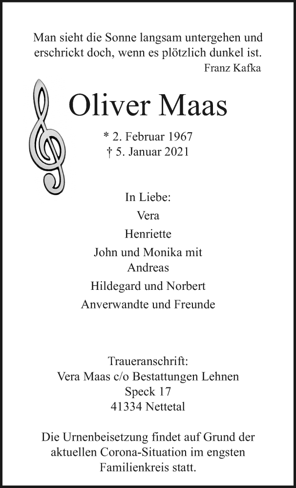  Traueranzeige für Oliver Maas vom 10.01.2021 aus trauer.extra-tipp-moenchengladbach.de