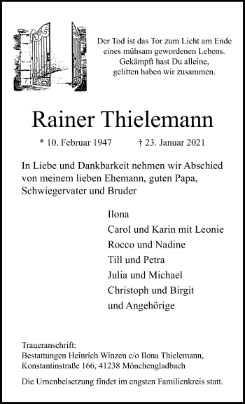 Traueranzeige von Rainer Thielemann von trauer.extra-tipp-moenchengladbach.de