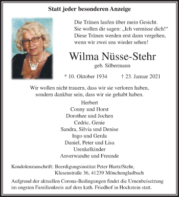 Traueranzeige von Wilma Nüsse-Stehr von trauer.extra-tipp-moenchengladbach.de