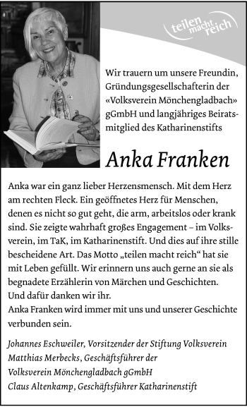 Traueranzeige von Anka Franken von trauer.extra-tipp-moenchengladbach.de