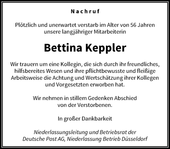 Traueranzeige von Bettina Keppler von trauer.wuppertaler-rundschau.de