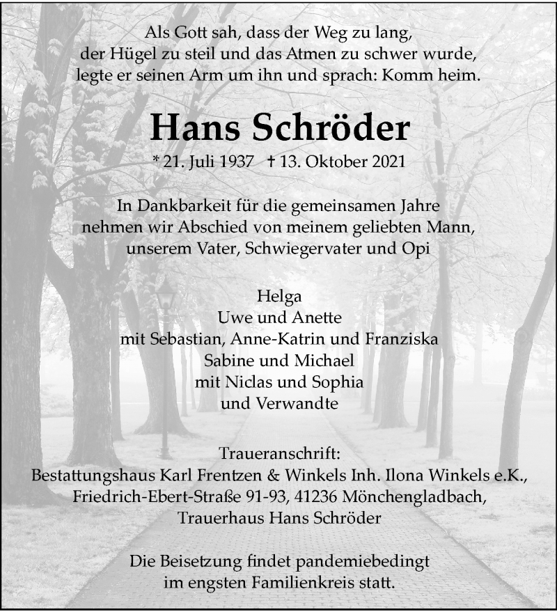  Traueranzeige für Hans Schröder vom 24.10.2021 aus trauer.extra-tipp-moenchengladbach.de