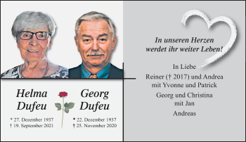 Traueranzeige von Helma und Georg Dufeu von trauer.mein.krefeld.de