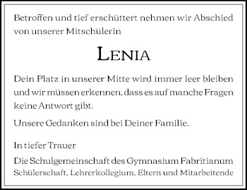 Traueranzeige von Lenia  von trauer.mein.krefeld.de