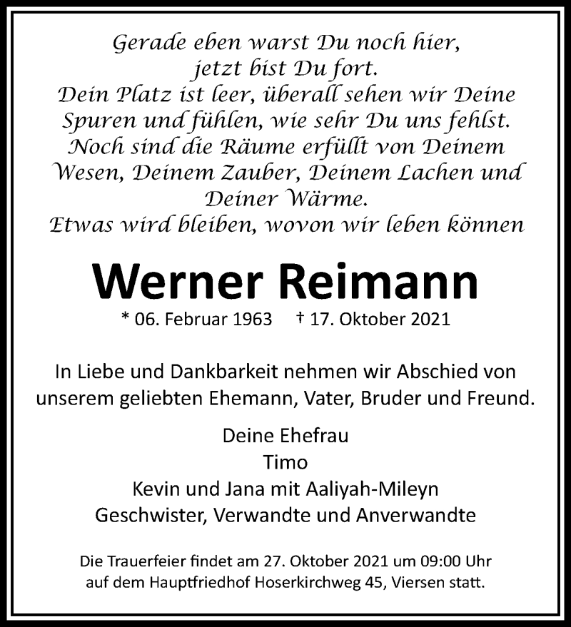  Traueranzeige für Werner Reimann vom 24.10.2021 aus trauer.extra-tipp-moenchengladbach.de