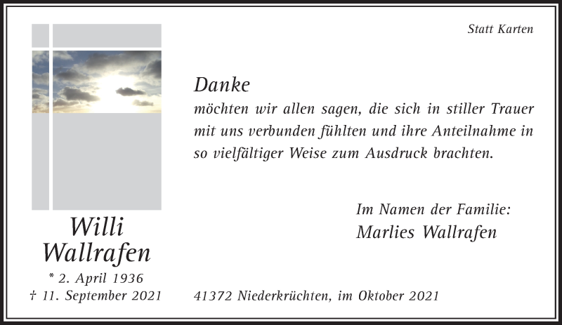  Traueranzeige für Willi Wallrafen vom 17.10.2021 aus trauer.extra-tipp-moenchengladbach.de