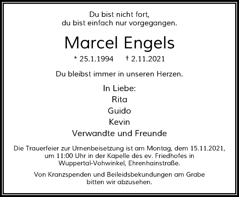  Traueranzeige für Marcel Engels vom 13.11.2021 aus trauer.wuppertaler-rundschau.de