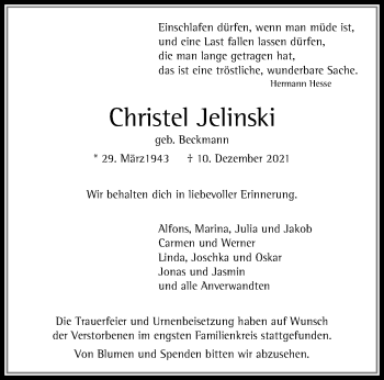 Traueranzeige von Christel Jelinski von trauer.mein.krefeld.de