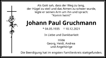 Traueranzeige von Johann Paul Gruchmann von trauer.wuppertaler-rundschau.de
