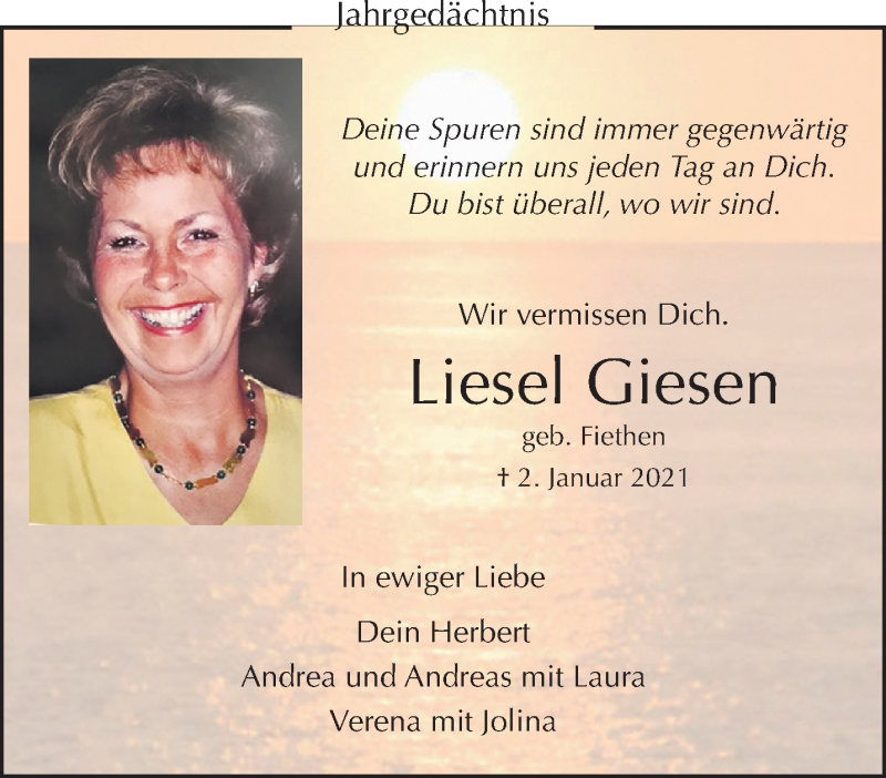  Traueranzeige für Liesel Giesen vom 02.01.2022 aus trauer.extra-tipp-moenchengladbach.de