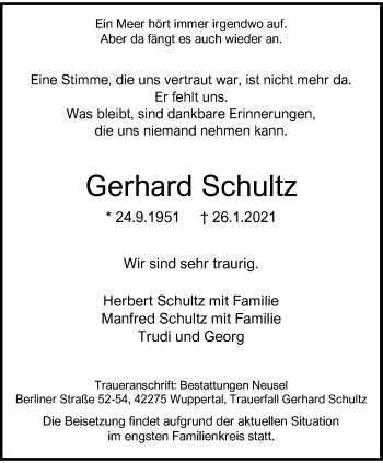Traueranzeige von Gerhard Schultz von trauer.wuppertaler-rundschau.de