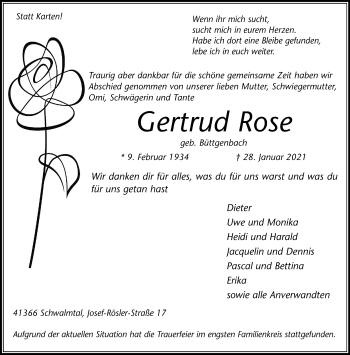 Traueranzeige von Gertrud Rose von trauer.extra-tipp-moenchengladbach.de