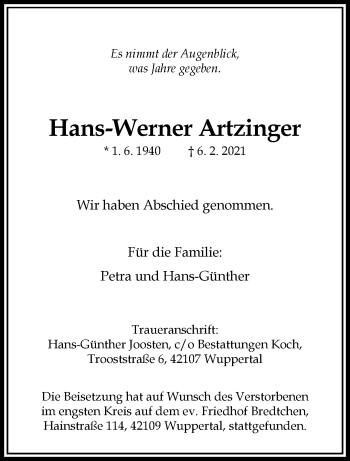 Traueranzeige von Hans-Werner Artzinger von trauer.wuppertaler-rundschau.de