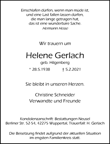 Traueranzeige von Helene Gerlach von trauer.wuppertaler-rundschau.de